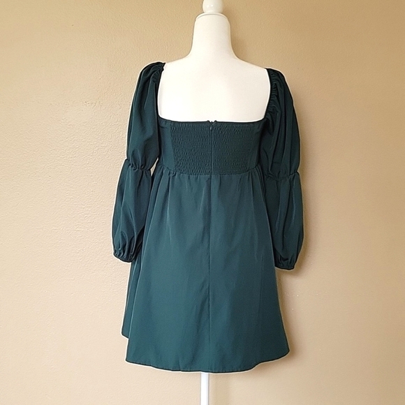 Exlura Green Square Neck Puff Sleeve A-Line Mini Dress - Size Small - Picture 6 of 9